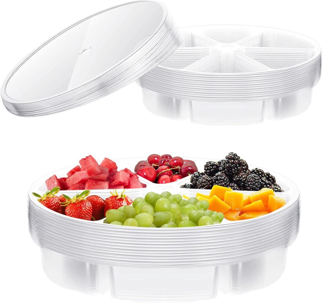 Baderke 10 Pack 10 Inches Round Plastic Serving Tray 6 Sectional Plastic Appetizer Tray with Lid Clear Food Platters Round Platter Container Veggie Fruit Organizer for Party and Buffet (Clear)