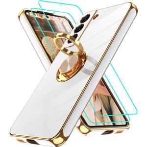 Gritup for Samsung Galaxy S22 Case: with 2Pcs Screen Protector, 360 Rotation Ring Holder Magnetic Kickstand, Plating Gold Edge Soft TPU Shockproof Protective Cover for Galaxy S22, White