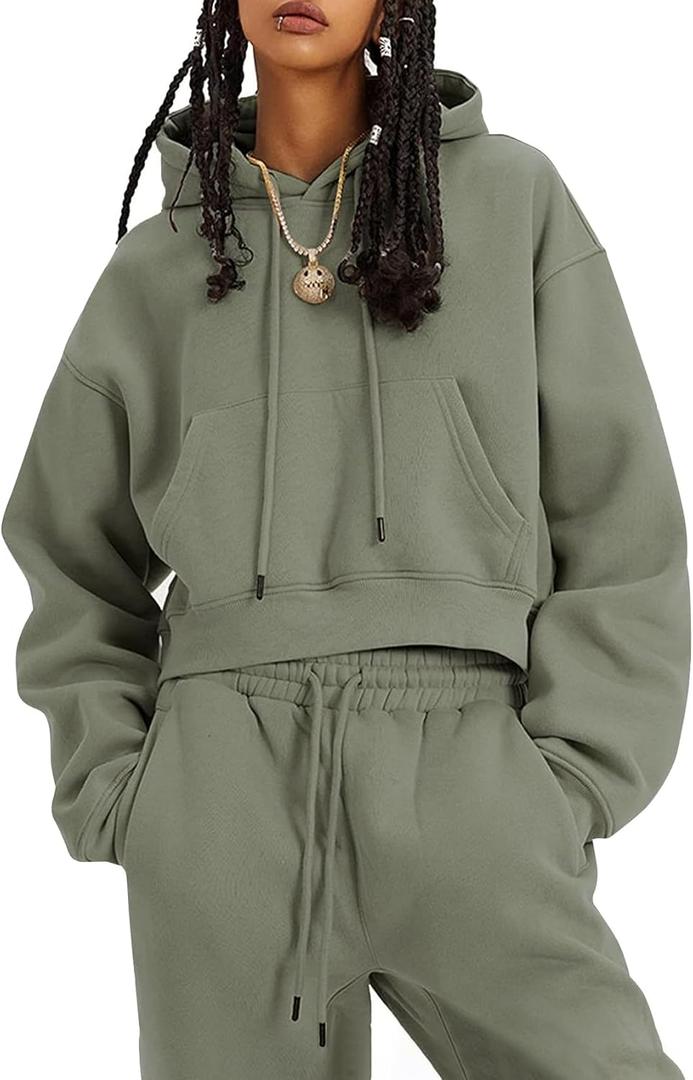 Flygo Womens Fleece 2 Piece Outfits Sweatsuit Crop Pullover Sweatshirt Joggers Pants Tracksuit Set (Medium, Grey Green)