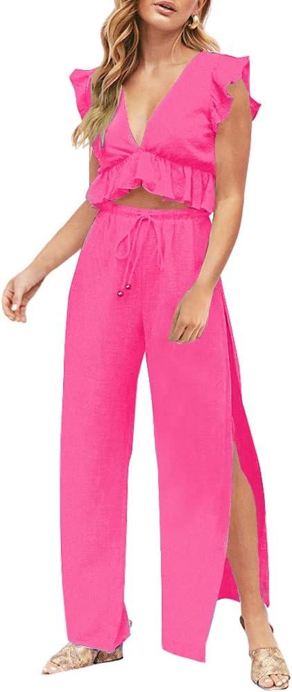 FANCYINN Womens 2 Pieces Outfits Deep V Neck Crop Top Side Slit Drawstring Wide Leg Pants Set Jumpsuits, M