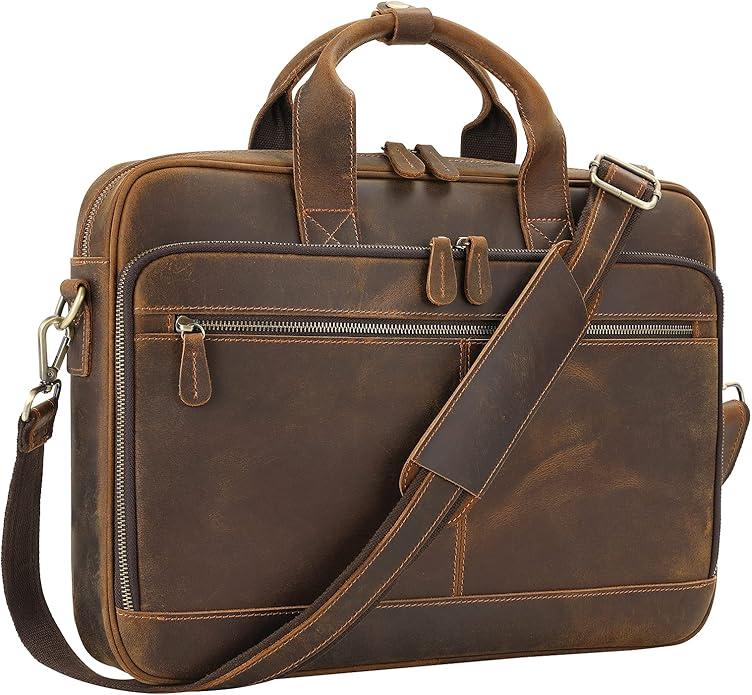 Jack&Chris Leather Briefcase for Men,Business Travel Laptop Messenger Bags Brown-15.6inch