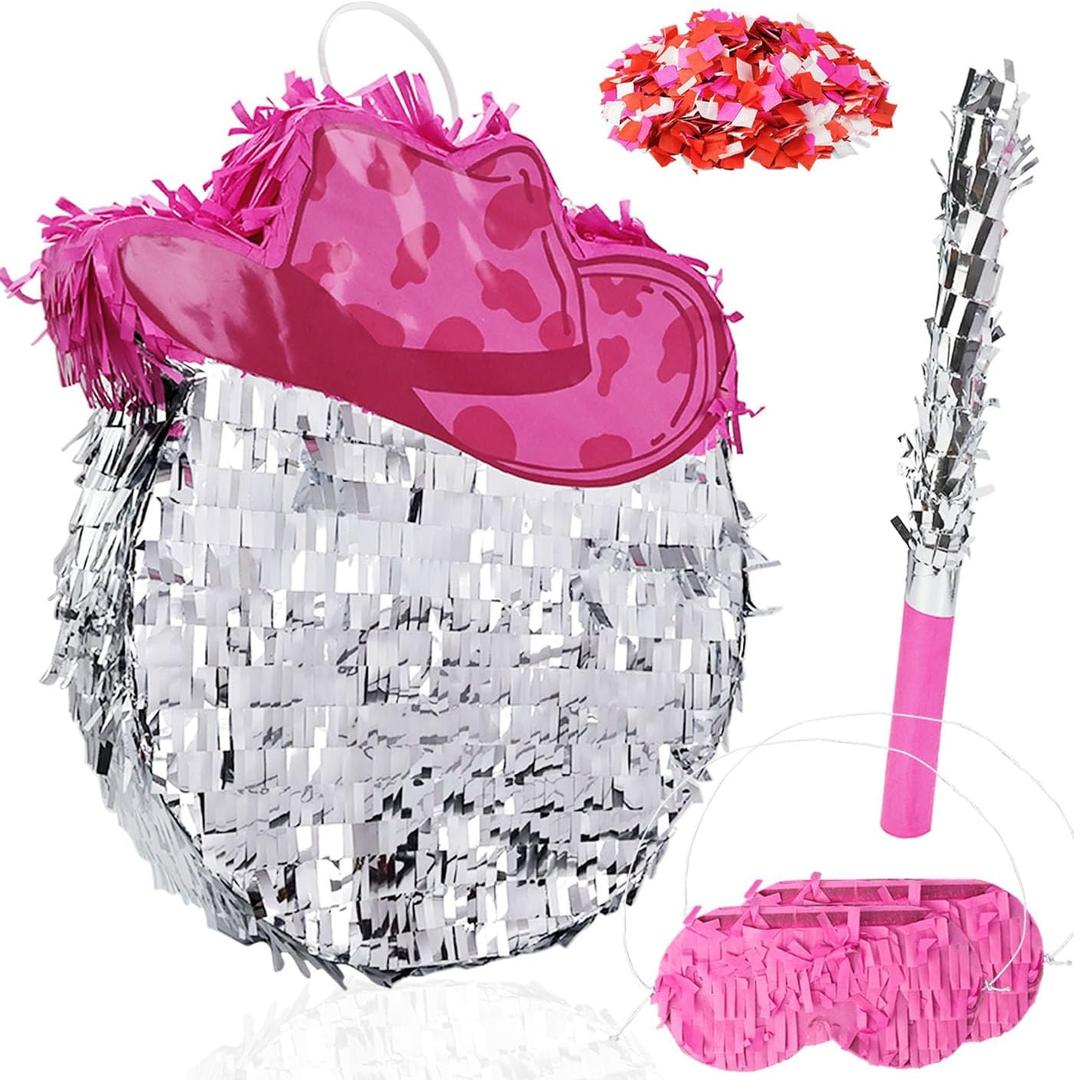 MUNILAIL Disco Ball Pinata Cowgirl Pinata with Stick and Blindfold Confetti for Birthday Fiesta Party Game Supplies