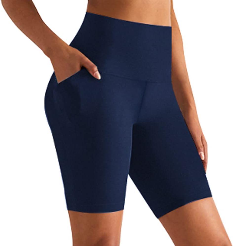GROTEEN Biker Shorts Women with Pockets - 8'' High Waisted Tummy Control Yoga Workout Running Gym Spandex Shorts (Small-Medium, 03-navy)