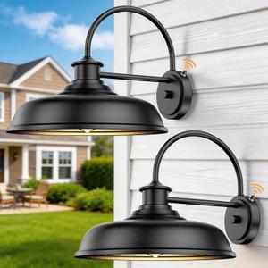 14'' Dusk to Dawn Outdoor Barn Light 2 Pack, Classic Farmhouse Gooseneck Outdoor Light Fixture Matte Black Wall Mount, Anti-Rust Waterproof Exterior Lighting Fixtures for Porch Hallway Patio Entryway, Dusk to Dawn-2PK