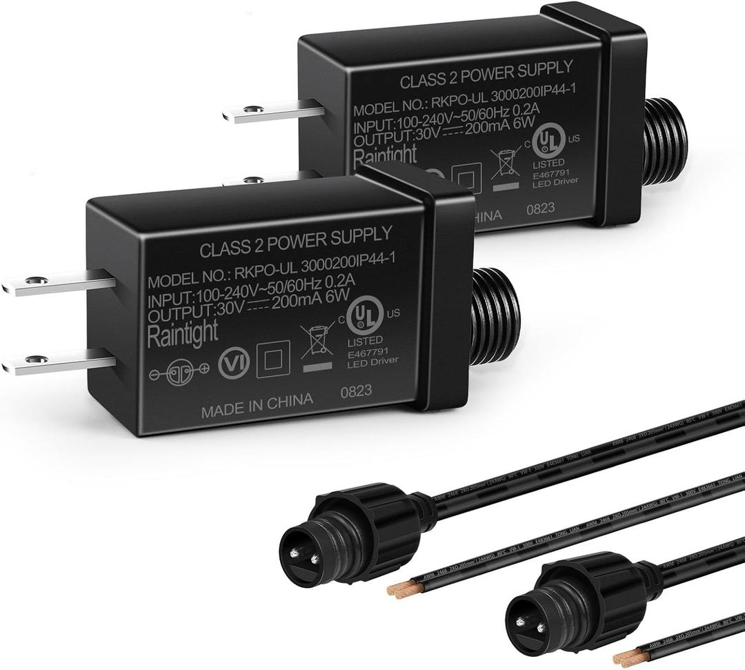 30V 6W 0.2A Class 2 Power Supply 2Pack, AC to DC Low Voltage Transformer, IP44 Inflatable Power Adapter for LED Strip Lights, Christmas Decor Light, Indoor/Outdoor Use, UL Listed
