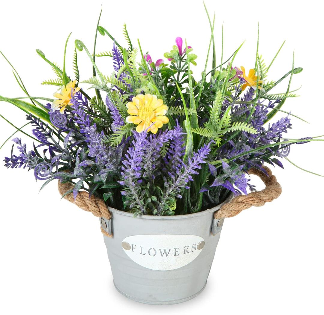 Fake Plants Purple Lavender Flowers in Pot 10" Tall Faux Artificial Potted Plant Greenery for Home Kitchen Patio Coffee Table Farmhouse Aesthetic Bedroom Bathroom Decor (Lavender Flower With Yellow Daisy)