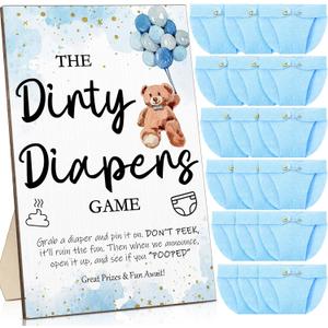 Roowest 51 Pcs Dirty Diaper Baby Shower Games Funny Wooden Sign with 50 Pcs Mini Diapers Cute Felt for Gender Reveal Party Baby Shower(Bear Blue)