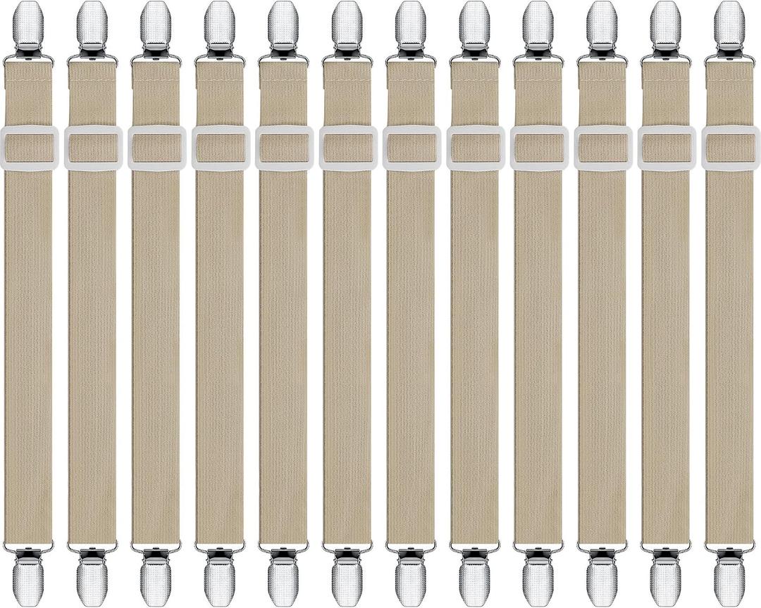 Boao 12 Pcs Bed Sheet Clips Straps Sheet Corner Straps Holder Adjustable Mattress Clips, Elastic Bed Grippers Suspender Fasteners Holder for Home(Khaki,8-12 Inch Length)