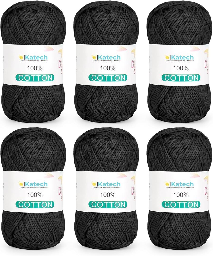 Katech Pure Cotton Yarn for Crocheting & KnittingSoft Sport Weight CYC #2, 6 Skeins (50g Each, 300g Total), Ideal Crochet Yarn for Dishcloths, Baby Clothes, Socks, Lightweight ScarvesBlack