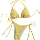 SHENHE Women's 2 Piece Swimsuit Floral Print Halter Tie Side Triangle Bikini Set (Medium, Yellow Textured)