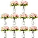 30 Pack Artificial Flowers with Vase Bulk, 20 Bundles Silk Floral Bouquet 10 Clear Vase with 1 Pcs Rope, Mason Jar Table Centerpiece Arrangement Wedding Party Decor(Dahlia,Pink)