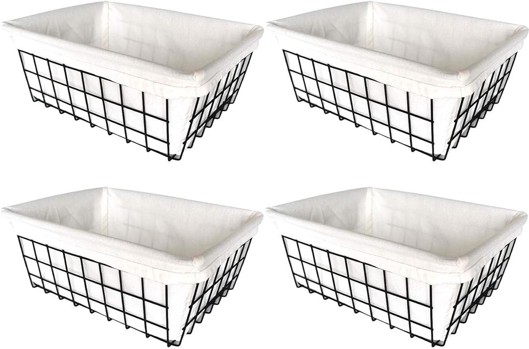 Wire Storage Baskets, 4 Pack Metal Household Organizer with 4 Pcs Fabric Liners, Refrigerator Bin with Handles, for Pantry, Shelf, Freezer, Kitchen Cabinet, Bathroom, Countertop, Closets (Black)