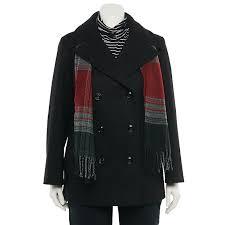 London Fog Black Wool Blend Pea Coat with Red and Gray Scarf Size Large
