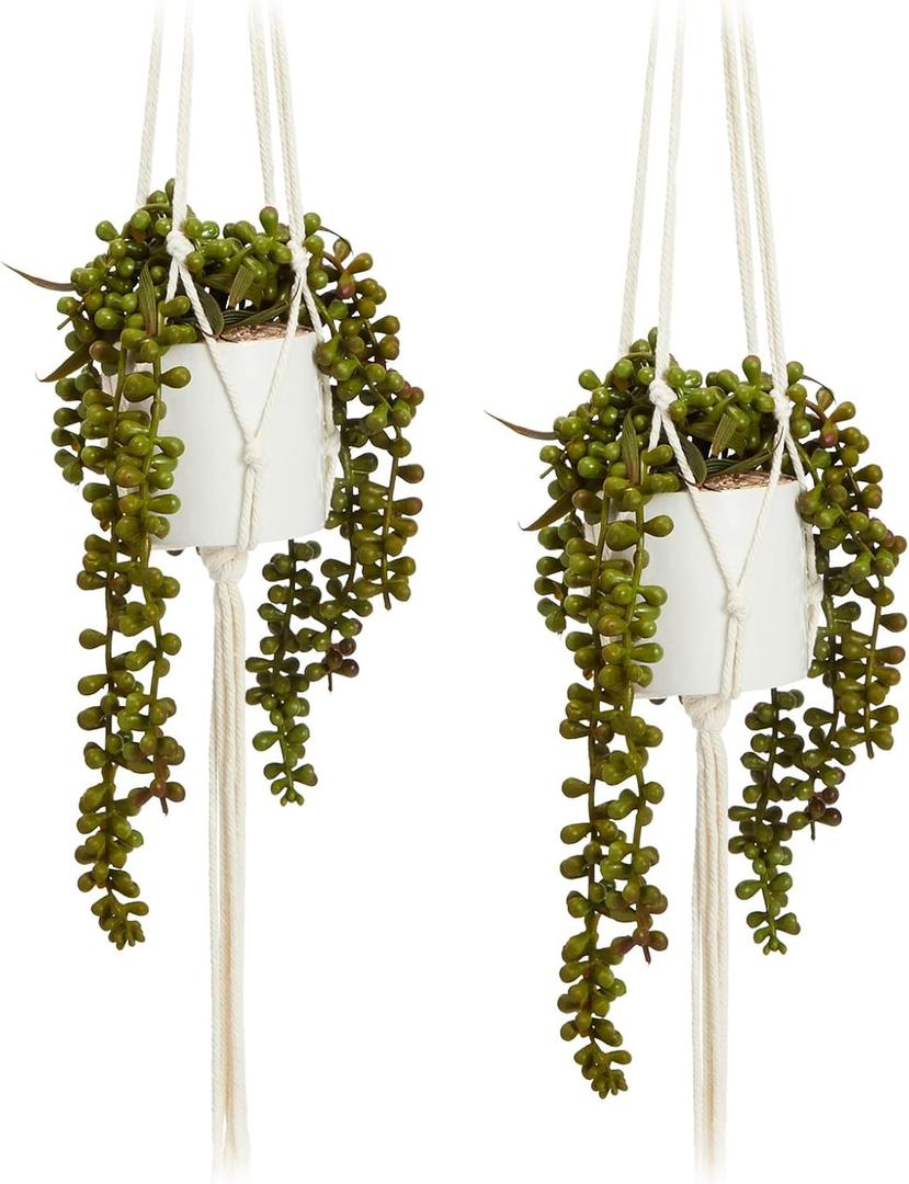 Hanging Artificial String of Pearls Plant with White Ceramic Pot for Wall Decor, House Warming Gift (31 In, 2 Pack)
