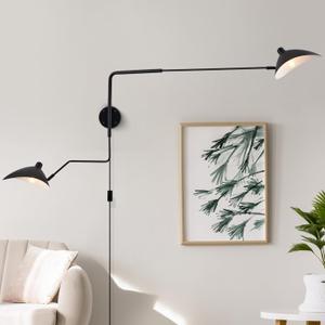 67" Mid-Century Wall Sconce Plug in with Adjustable 2-Arms, Matt Black Wall Lights with On/Off Cord for Bedroom, Living Room, Dining Room 2-Light