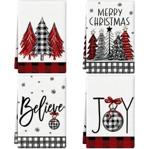 Buffalo Plaid Christmas Kitchen Towels 16x24 Inch Red Black Hand Towels for Kitchen,Christmas Decorations for Bathroom,Festive Holiday Dish Cloths for Xmas Winter Home Indoor Decor Set of 4