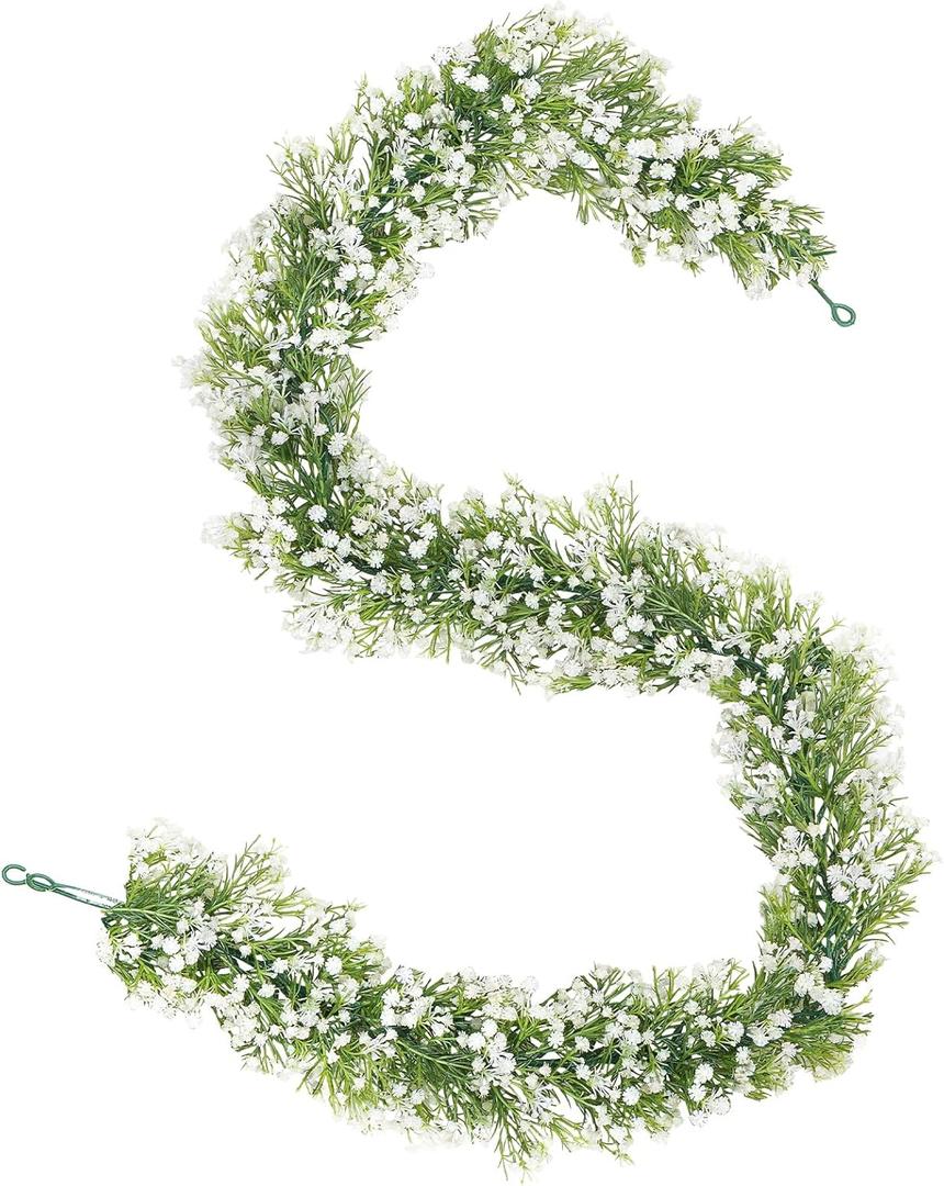 Dolicer 2 Pcs Babys Breath Artificial Flowers Vines, 5.9 FT Faux White Hanging Baby Breath Garland, Real Touch Fake Babys Breath Gypsophila for Wedding Party Backdrop Wall Home Decor (White Garland)