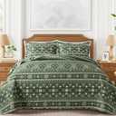 VAPUTAR Boho Quilts King Size, Stripe Reversible King Quilt Set, Lightweight All-Season Coverlet & Boho Bedspread- 3 Piece/Green (King (98"  106"))