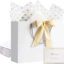 PASEOTA 12.6" Gift Bags Medium Size Set of 10 - Includes Tissue Paper, Cards & Ribbons, Luxury Gift Bags with Handles for Eid Wedding Birthday (12.6" x 9.8" x 4.3", White)