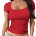 Trendy Queen Double Lined Short Sleeve Tshirts for Women Square Neck Cute Crop Top Spring Summer Basic Tees Workout Going Out (Small, Red)