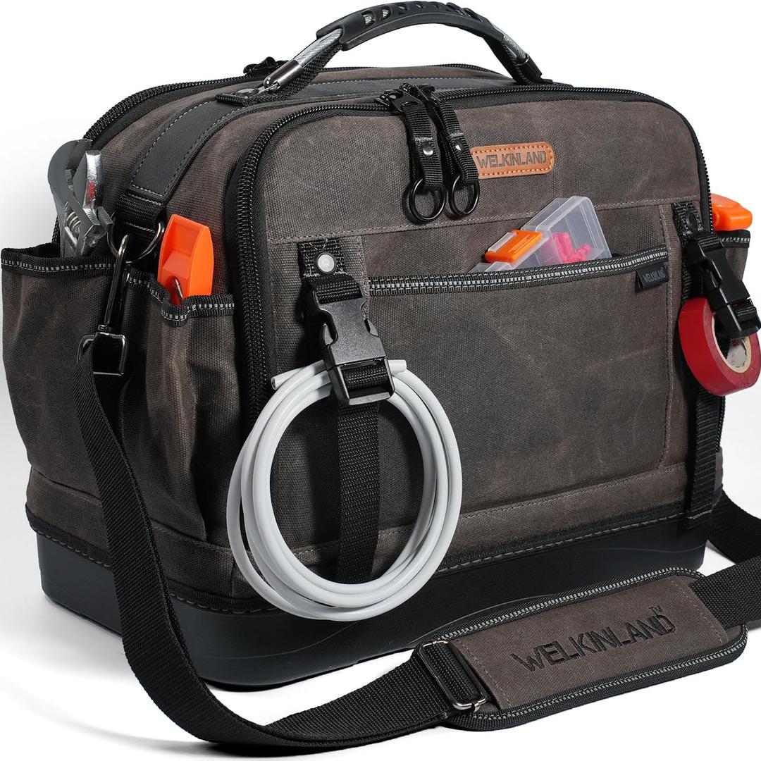 WELKINLAND 53Pockets Hard-Bottom HVAC Bag, Heavy-Duty Electrician Tool Bag,Waterproof Waxed Canvas Tools Bags, Top-Open 16 Inch Tool Bags,HVAC Service Bag For Men