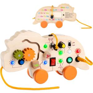 Gleamkid 2in1 Busy Board & Pull Toy for Toddlers 13: Dinosaur Light Up Busy Board, Educational Learning Toys Wooden MultiSensory Boards with 4 Movable Wheels, Montessori Toys for 1 2 3 Year Old