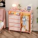 Dresser with Clothes Rack, 5 Drawer Chest with Charging Station & LED, 20.5"D x 43.3"W x 42.9"H