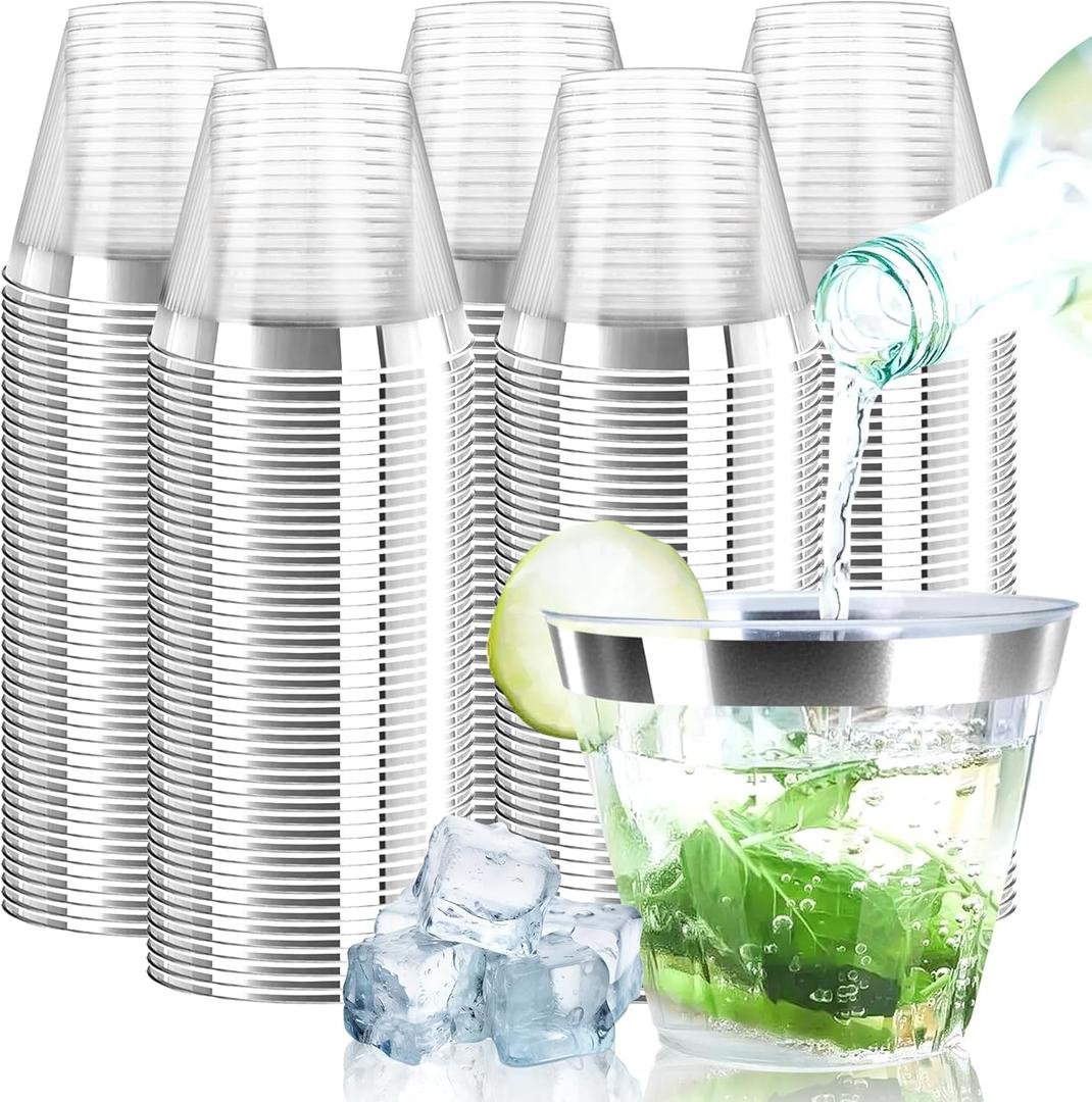 [200 Pack] 9oz Clear Plastic Cups with Silver Rimmed Sturdy & Food Safe Disposable Glasses Party Wedding Disposable Drinking Cups Plastic Cocktail Glasses for Juice & Cold Beverages