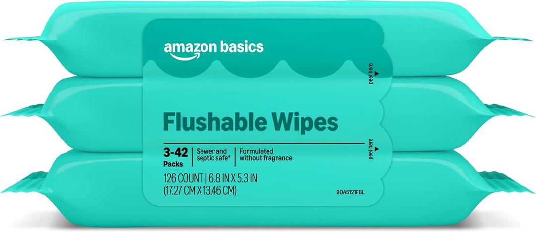 4 x Amazon Basics Flushable Wipes, Fragrance Free, Adult Wet Wipes,126 Count (3 Packs of 42), Packaging May Vary