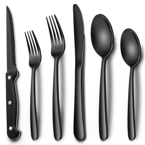 EWFEN 24-Piece Black Silverware Set with Steak Knives, Black Flatware Set for 4, Food-Grade Stainless Steel Tableware Cutlery Set, Mirror Finished Utensil Sets for Home Restaurant, Heavy Duty