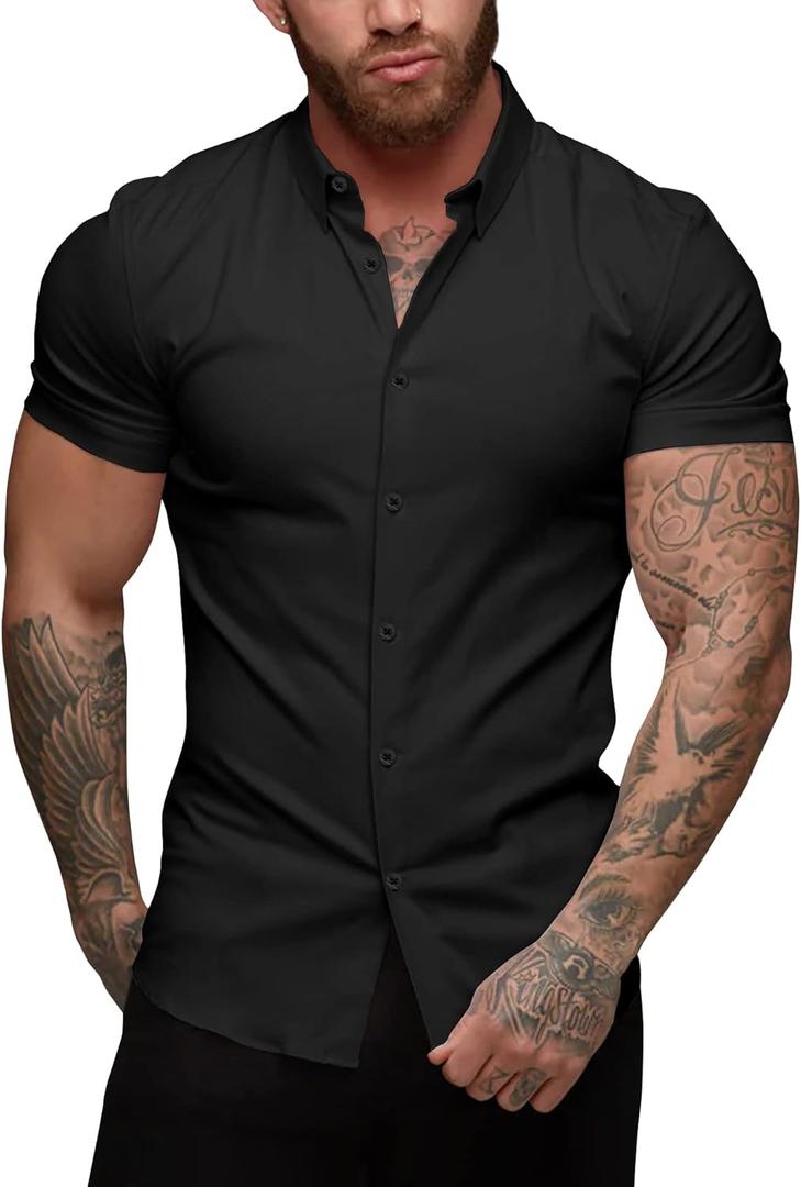 URRU Men's Muscle Dress Shirts Slim Fit Stretch Short Sleeve Casual Button Down Shirts for Men Black XL