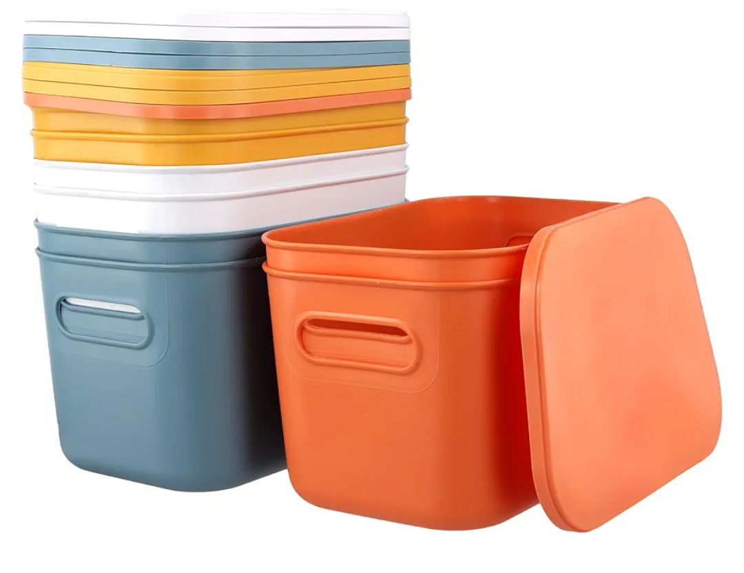 HOZEON 8 Pack Colored Plastic Storage Bins with Lids and Handle, Stackable Colorful Cupboard Organiser Pantry Storage Boxes for Shelves, Drawers, Bathroom, 10 x 7 x 6 Inch