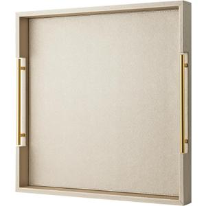 Champagne Faux Leather Serving Tray with Handles,20x20inches, Large Decorative Tray for Ottoman Coffee Table Decor Living Room, Kitchen, Bathroom
