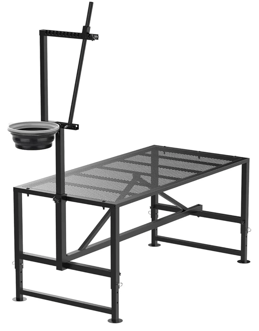 600 Lbs Goat Milking Stand with Feed Bin, Livestock Stand for Sheep Trimming Hooves, Goat Stantion Metal Black with Adjustable Head Piece and Legs, Large Size