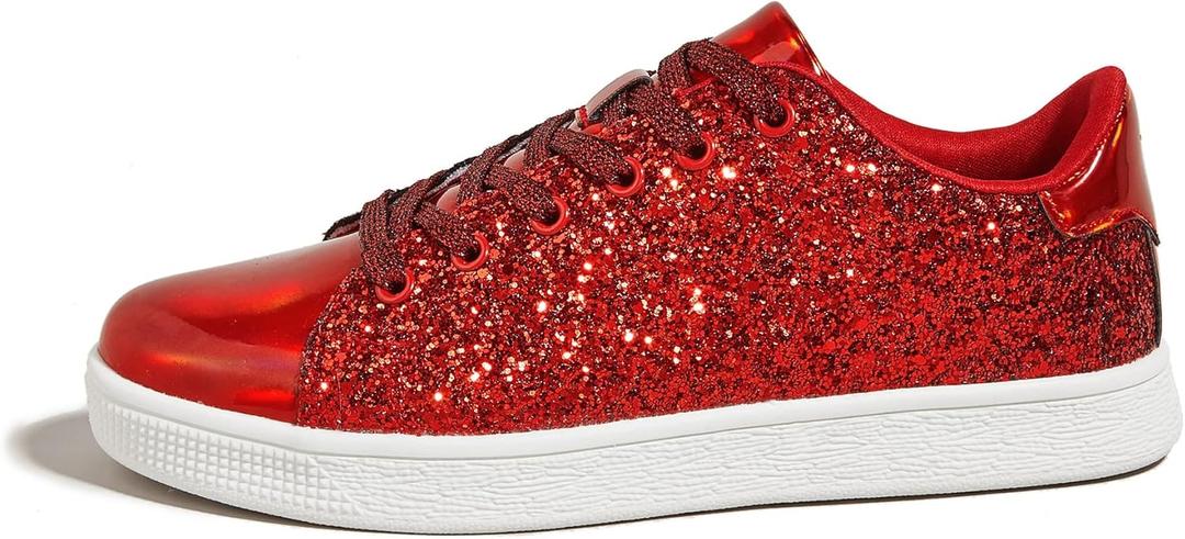 LUCKY STEP Glitter Shoes Sparkly Bling Shiny Bedazzled Lace up Fashion Sneakers for Women (10, Red)