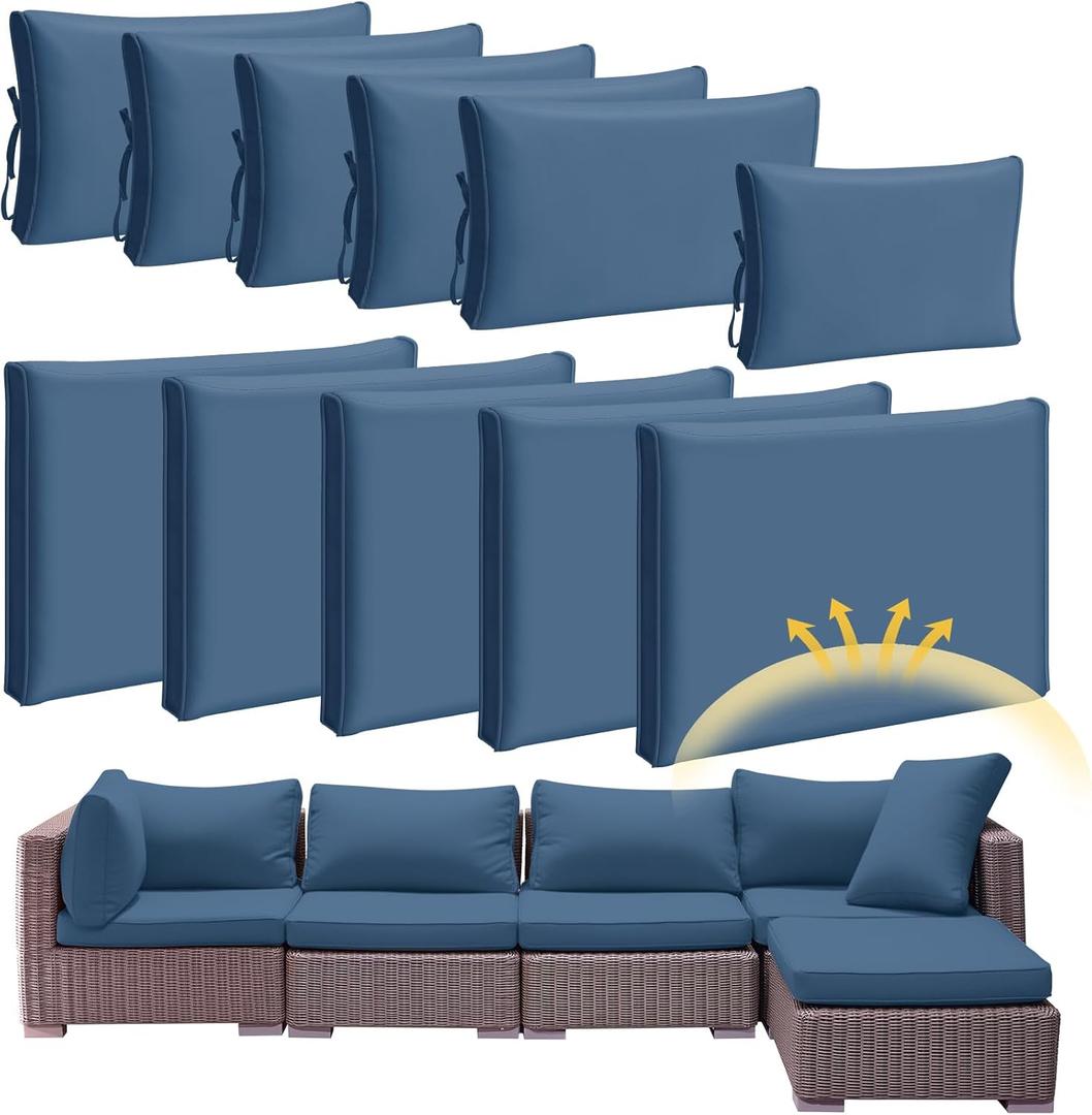 Patelai 11 Pcs Waterproof Patio Cushion Covers for Outdoor Sectional Furniture Wicker Rattan Patio Sofa Couch Chair Seat Pillow Slipcovers, 3 Sizes Covers Only (25.4 x 25.4X 3.54,Midnight Blue)