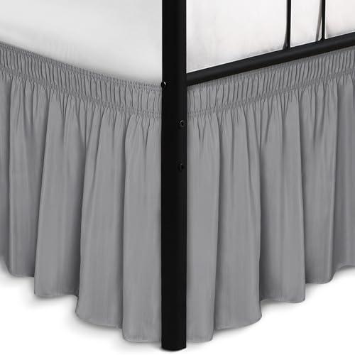 Biscaynebay Wrap Around Bed Skirts with Split Corners for Queen Beds 14" Drop, Silver Grey Elastic Dust Ruffles Adjustable Easy Fit Wrinkle & Fade Resistant Silky Luxurious Fabric Machine Washable