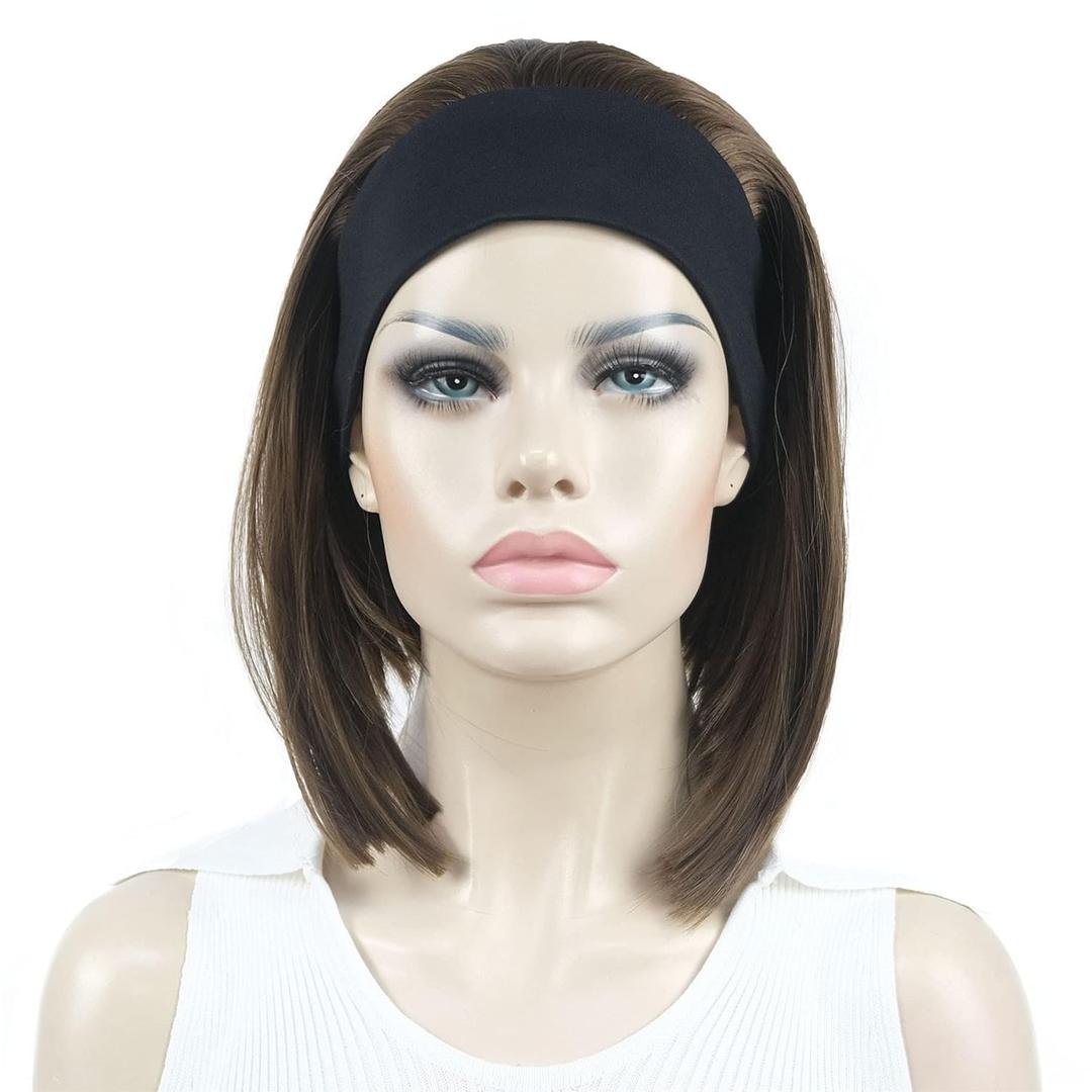 Aimole Short Straight Bob 3/4 Wig with Headband Half Synthetic Wigs Women Hair(10 Medium Golden Brown)