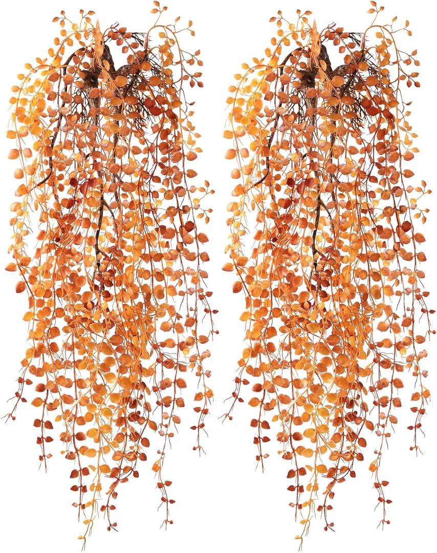 Artificial Fake Hanging Plants Flowers Basket for Outdoor Outside Porch Fall Decoration,2 Pack Faux Silk Long Vines UV Resistant Look Real for Home Patio Balcony Wall Yard Autumn Decor