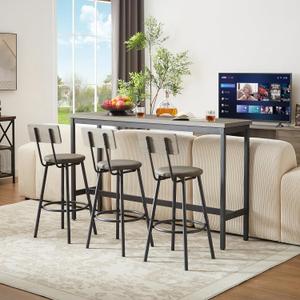 Elevon Long Bar Table Set with 3 PU Upholstered Bar Stools, Dining Table and Chair Sets, Industrial Tall Coffee Table and Back Chair for Kitchen, Living Room, Party Room, Small Space, Pub, Gray (Grey)