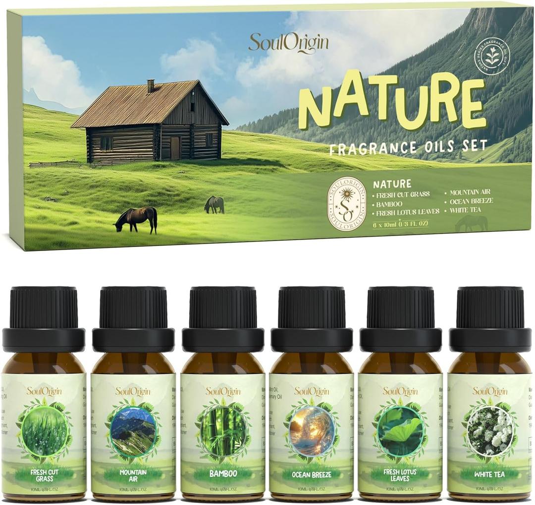 Nature Fragrance Oils Set, Essential Oil Gift Set for Diffuser, Natural Scent Diffuser Oil for Candle Making-Fresh Cut Grass, Mountain Air, Bamboo, Ocean Breeze, Fresh Lotus Leaf, White Tea
