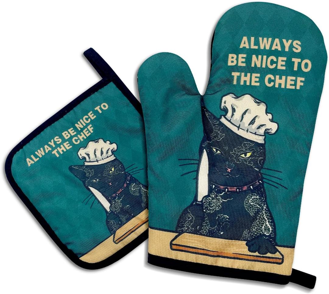 Always be Nice to The Chef, Funny Oven Mitts and Pot Holders, Silicone Non-Slip Oven Mitts, Cat Lover Gift, Cat Mom, Cooking Baking BBQ Gifts
