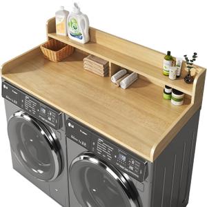 2-Tier Washer and Dryer Countertop with 2.75" H Guard,54" W x 27.5" D Laundry Countertop Cover with Non-Slip Pad,Large Space Laundry Topper for Folding Clothes Over Washer-Pure Wood Color