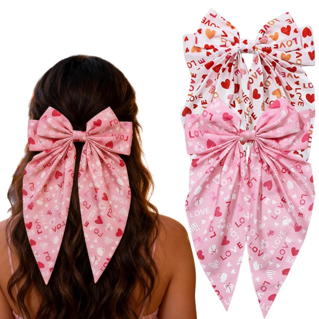 2pcs Valentines Hair Clips Big Long Tail Ribbons Bowknot Hair Barrettes with Love Letters Design Exquisite Bow Claw Clip Romantic Valentines Hair Accessories Holiday Party Headdress Hairpin for Women