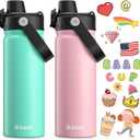 baab 18oz Kids Water Bottle, Insulated Kids Water Bottle with Lockable Spout Lid & Stickers, 18/8 Stainless Steel Vacuum Leakproof Kid Water Cup with Handle for School (Pink+Mint Green, 2 Pack)