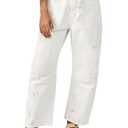 Cicy Bell Womens Baggy Barrel Horseshoe Jeans Wide Leg Drawstring Vintage Denim Pants with Front Pockets S Size.