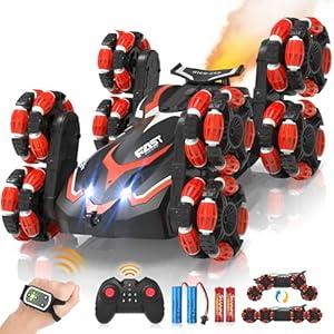 Sukiwiper RC Stunt Car for Kids Ages 512  Cool Spray Effect & LED Lights, 4wd Remote Control Car AllTerrain Drift Toy, Rc Cars for Boys Christmas (Scarlet)