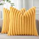 Pallene Faux Fur Plush Throw Pillow Covers 18x18 Set of 2, Luxury Soft Fluffy Striped Decorative Pillow Covers for Sofa, Couch, Living Room, Mustard Yellow