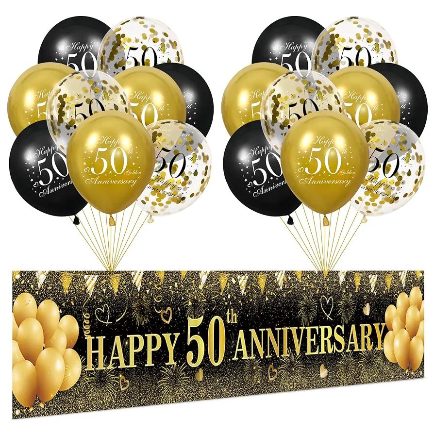 Black Gold 50th Anniversary Decorations - Yard Banner and 18pcs Balloons for Wedding Party Supplies