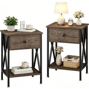 VECELO Nightstands Set of 2, Modern Bedside End Tables, Night Stands with Drawer and Storage Shelf for Living Room Bedroom, Industrial Metal Frame